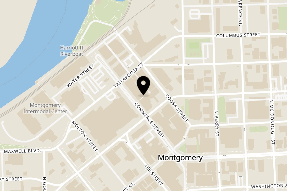 Map showing the location of SaZa Serious Italian Montgomery on 130 Commerce St in Montgomery